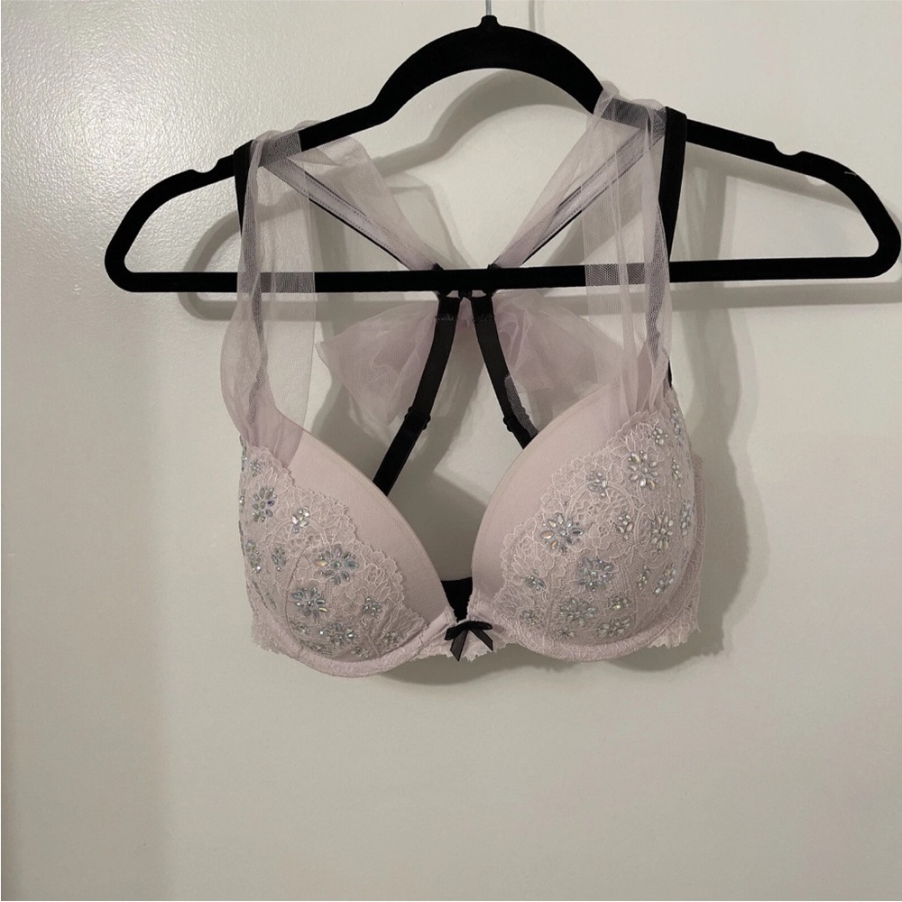 Victoria's Secret Pink Lace Bra with Sheer Straps rhinestone